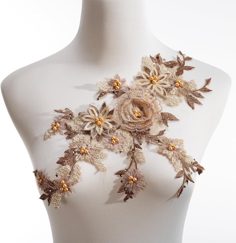 Silvora 3D Embroidered Flower Fabric Beaded Pearl Lace Applique, Handmade Sewing Tool for DIY Wedding Bridal Dress Floral Costume Patch Decor(Gold) - Image 1